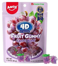 Amos Sweets 3D-s Szőlő Gyümölcsformájú Gluténmentes Szőlőlével Töltött Gumicukor 65g