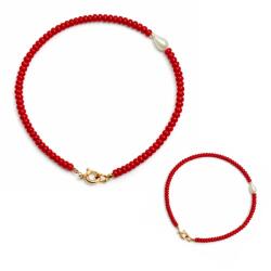  Bratara Coral rosu cu perla disc 2x3 mm diametru 56 mm cu accesorii gold filled pentru energie si vitalitate 1 bucata