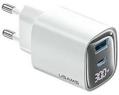 USAMS CC229 hálózati töltő USB+Type-C aljzat (30W, GaN, PD gyorstöltő, LED kijelző) FEHÉR (160655)