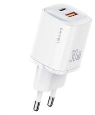 USAMS CC254 hálózati töltő USB+Type-C aljzat (30W, GaN, PD gyorstöltő) FEHÉR