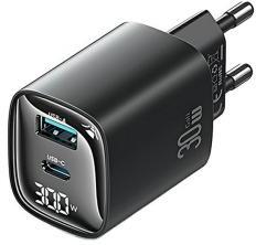 USAMS CC229 hálózati töltő USB+Type-C aljzat (30W, GaN, PD gyorstöltő, LED kijelző) FEKETE (160654)