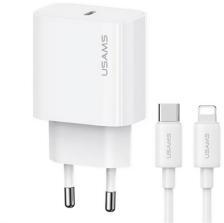 USAMS T65 hálózati töltő Type-C aljzat (20W, PD gyorstöltő + lightning kábel) FEHÉR (158834)