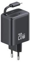 USAMS YC hálózati töltő Type-C aljzat (20W, PD gyorstöltő, GaN + fix, csévélhető Type-C kábel) FEKET