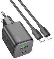 hoco. N41 hálózati töltő USB+Type-C aljzat (20W, GaN, PD gyorstöltő 3.0 + lightning kábel) FEKETE