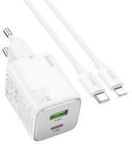 hoco. N41 hálózati töltő USB+Type-C aljzat (20W, GaN, PD gyorstöltő 3.0 + lightning kábel) FEHÉR (159277)