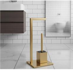  WC-papírtartó szett, téglalap alakú talppal, WC-kefe tartóval és WC-kefével, rozsdamentes acél, Arany, 22 x 18 x 60 cm