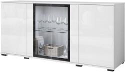  Modern, 150 cm-es üvegpanelekkel ellátott nappaliba való vitrin, matt/fényes fehér, LED világítással