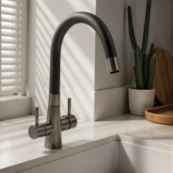 Laveo RIVECO rugalmas tömlős zuhanyváltós grafit csaptelep víztisztító csatlakozással (OPBRI_968D)