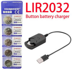 VSZAPOWER Gombelem töltő fekete + 5db LIR2032 3, 6V 32mAh Li-ion gombelem akkumulátor (LIR2032-5-Charger-Fekete)