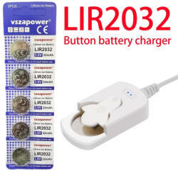 VSZAPOWER Gombelem töltő fehér + 5db LIR2032 3, 6V 32mAh Li-ion gombelem akkumulátor (LIR2032-5-Charger-Feher)