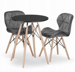 Klubfotel Szett: Kerek étkezőasztal TODI 60 cm fekete+ 2 db LAGO szék szürke/natúr lábak