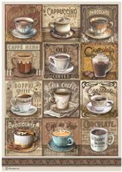 Stamperia A4 rizspapír csom. - Coffee and Chocolate tags with cups
