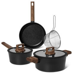 Just Perfecto Комплект съдове за готвене Just Perfecto JL-332, 6 части, Мраморно покритие, Индукция, Стъклен капак с отвор за пара, Черен (JL-332)