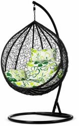  Fekete rattan hatású függőfotel zöld virágos ülőpárnával (FAT0006)