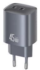 USAMS hálózati töltő 2 Type-C aljzat (45W, GaN, PD gyorstöltő 3.0) SÖTÉTSZÜRKE
