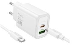 hoco. N63 hálózati töltő USB+Type-C aljzat (30W, PD gyorstöltő 3.0 + Type-C kábel) FEHÉR (168251)