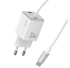 USAMS JC MINI hálózati töltő Type-C aljzat (30W, PD gyorstöltő, GaN + fix Type-C kábel) FEHÉR