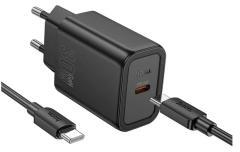 hoco. N62 hálózati töltő Type-C aljzat (30W, PD gyorstöltő 3.0 + Type-C kábel) FEKETE