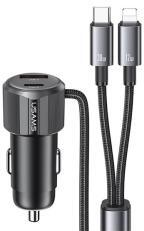 USAMS autós töltő USB+Type-C aljzat (66W, PD gyorstöltő + fix Type-C - lightning kábel) FEKETE
