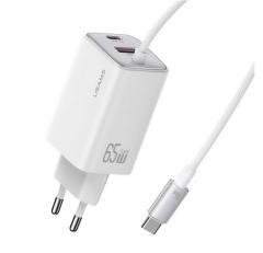 USAMS JC hálózati töltő Type-C aljzat (66W, PD gyorstöltő, GaN + fix Type-C kábel) FEHÉR