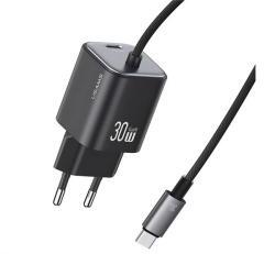 USAMS JC MINI hálózati töltő Type-C aljzat (30W, PD gyorstöltő, GaN + fix Type-C kábel) FEKETE (168920)