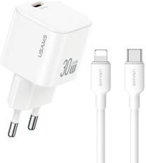 USAMS JO hálózati töltő Type-C aljzat (30W, PD gyorstöltő + lightning kábel) FEHÉR (172129)