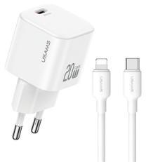 USAMS JO hálózati töltő Type-C aljzat (20W, PD gyorstöltő + lightning kábel) FEHÉR (172127)