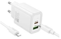 hoco. N63 hálózati töltő USB+Type-C aljzat (30W, PD gyorstöltő 3.0 + lightning kábel) FEHÉR