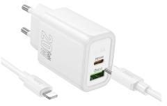 hoco. N61 hálózati töltő USB+Type-C aljzat (20W, PD gyorstöltő 3.0 + lightning kábel) FEHÉR