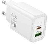 hoco. N63 hálózati töltő USB+Type-C aljzat (30W, 3A, PD gyorstöltő 3.0) FEHÉR (168230)