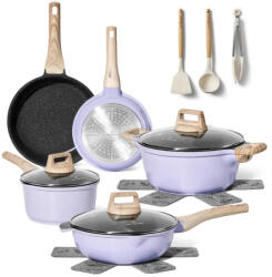 Just Perfecto Set de oale si tigai Just Perfecto JL-34, 13 piese, Aluminiu, Acoperire din marmura, Capace din sticla cu orificiu pentru abur, Fara PTFE si PFOA, Inductie, Violet/bej (JL-34)