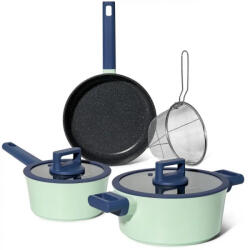 Just Perfecto Set de cratite, cos de prajit si tigaie Just Perfecto JL-333, 6 piese, Acoperire marmura, Inductie, Capac din sticla cu orificiu pentru abur, Verde/albastru (JL-333)