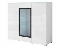  Modern, magas vitrinszekrény, 120 cm, nappaliba, 3 ajtós, fehér fényes üveg