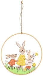  Fából készült akasztós húsvéti dekoráció nyuszi családdal virágokkal sárga 19 cm (ZHH116182)
