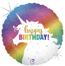  Unikornis glitteres hologrammos lufi Happy Birthday felirattal 46 cm