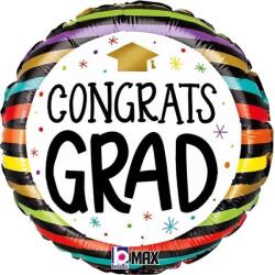  Fólia lufi ballagásra "Congrats Grad" színes csíkos 45 cm (1058026263P-P)
