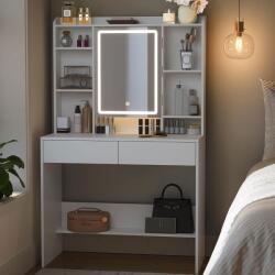Brius Masa toaleta oglinda iluminare led reglabila 2 sertare pal, 90x40x145 cm, design modern, alb (EZ-RDT123T14)