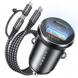 Lisen Autós töltő Lisen, 48W, 3A, 1 x USB-A - 1 x USB-C, USB-C / Lightning kábellel, fekete YL0223080035