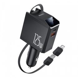 YESIDO Y71 autós töltő kijelzővel, 125W, 3A, 1 x USB-A - 1 x USB-C, USB-C / Lightning kábellel, fekete