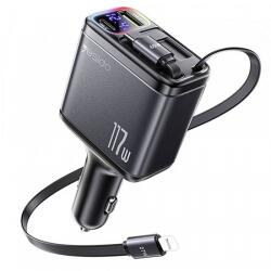YESIDO Y63 autós töltő kijelzővel, 117W, 3A, 1 x USB-A - 1 x USB-C, USB-C / Lightning kábellel, szürke