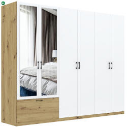 Intermeble ALTA Óriás Gardróbszekrény Tölgy/Matt Fehér Színben, Tükörrel. 270 cm