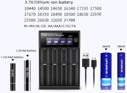  1, 2V NiMh/NiCD AA/AAA/C/SC/F6 LCD 3, 7V 14500/16340/18650 USB Li-ion akkumulátor töltő (USB-LCD-Charger-EL-4)