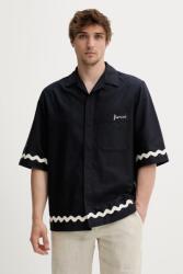 Fiorucci pamut ing Wave Trim Logo Embroidered Bowling Shirt - sötétkék 48