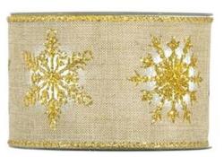  Díszkötöző szalag hópehellyel textil 63mmx10m bézs-arany (4385)