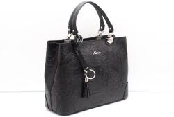 Natascia fekete nyomott virágmintás / ezüst kellékes díszsarkos bőr női kézi / válltáska