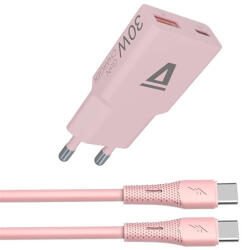  AVAX CH6417 NANO GaN USB-A + USB-C 30W hálózati gyorstöltő, rózsaszín + 60W USBC töltőkábel 1.5m (AVAX CH6417) - bstrade