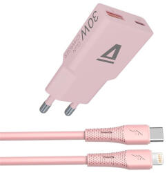  AVAX CH6418 NANO GaN USB-A + USB-C 30W hálózati gyorstöltő, rózsaszín + 27W USBC-Lightning töltőkábel 1.5m (AVAX CH6418) - bstrade
