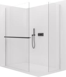 Cerano - Walk-in Crystal TL/P zuhanyfal - 10 mm - merevítő nélküli rendszer + törölközőtartó polc/tartó - matt fekete, átlátszó üveg - 140x110x200 cm