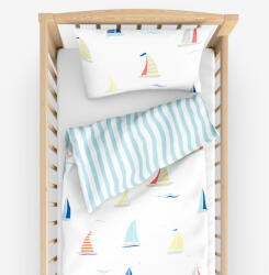 Goldea gyermek pamut ágyneműhuzat kiságyba - vitorlások, kék csíkos hátoldal 90 x 120 és 40 x 60 cm