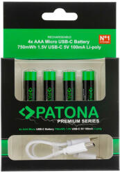 PATONA Premium USB-C 4x AAA micro újratölthető lítium elem 750mWh (1409)